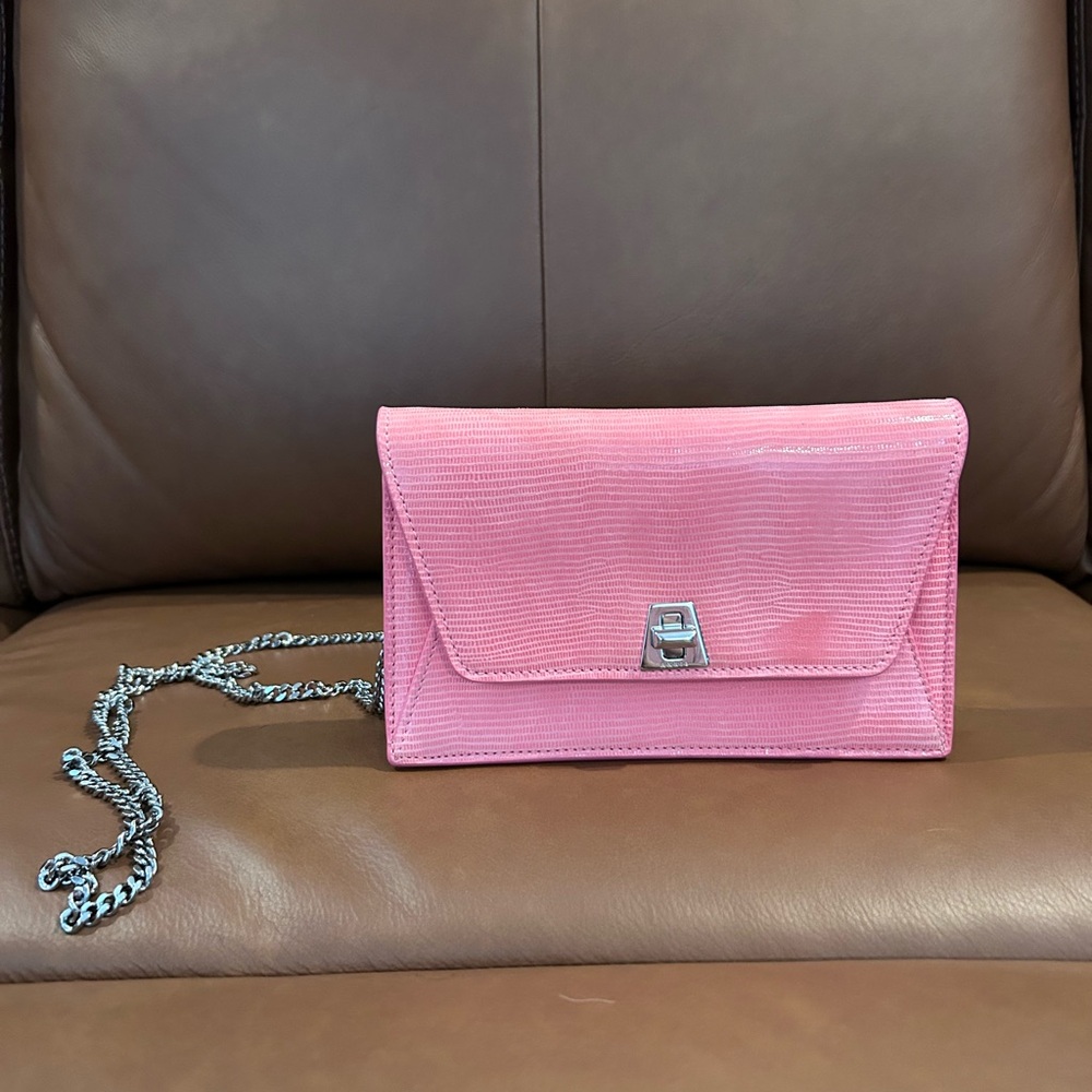 Akris Pink Envelope Clutch with Silver Chain